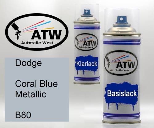 Dodge, Coral Blue Metallic, B80: 400ml Sprühdose + 400ml Klarlack - Set, von ATW Autoteile West.